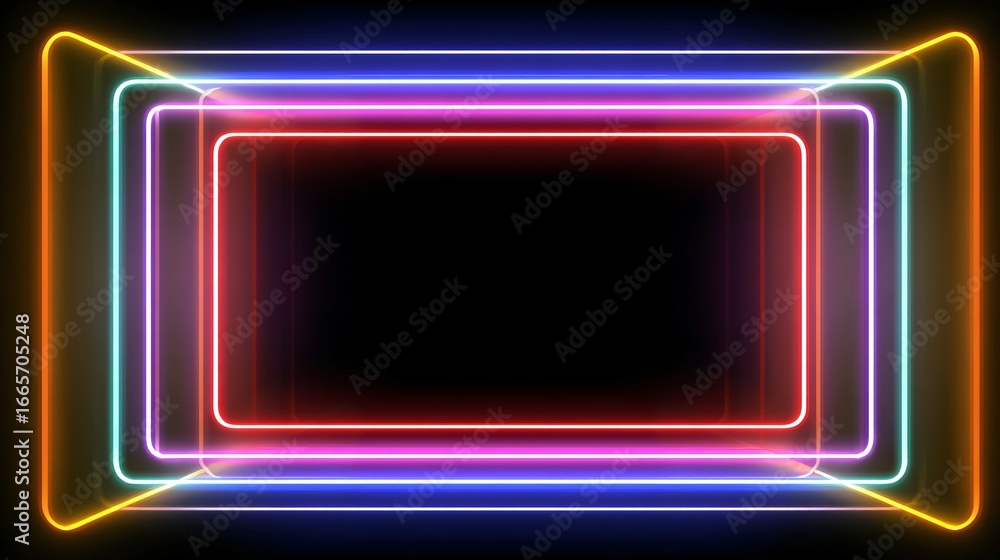 Aufkleber multicolored neon rectangles create a vibrant, perspective-shifted frame design on a black backgroun