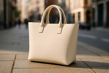 Textured cream leather tote bag with double handles on city sidewalk image