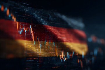 A digital art piece depicting the German flag with an overlay showing stock market charts, 