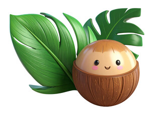  Cartoon Style Coconut with Palm Leaf Isolated on Transparent Background