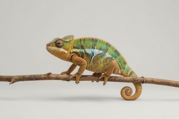 Obraz premium Chameleon perched on branch, studio shot, white background, reptile pet