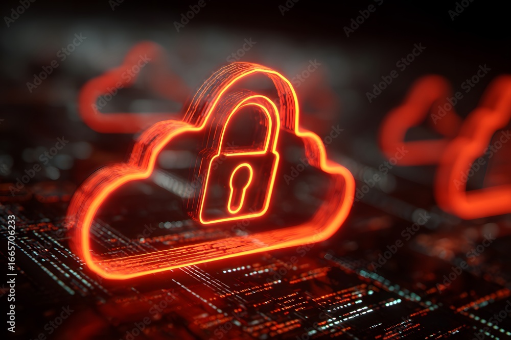 Poster a digital illustration depicting cloud security, featuring an orange padlock and red lights against 