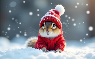 Chipmunk in snow with winter clothes like Santa Claus.. Christmas style hat and sweater. Funny animals in winter. High quality