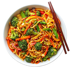 Delicious Asian Noodles Dish With Assorted Vegetables And Sesame Seeds In A White Bowl On Transparent Background