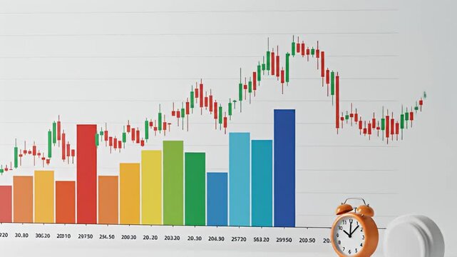 Chart shows market trend with rainbow bar graph, on gray background, alarm clock