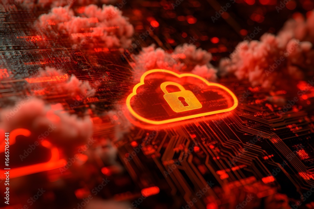 Poster a digital illustration depicting cloud security, featuring an orange padlock and red lights against 