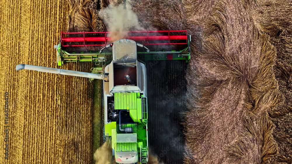 Poster top down aerial tracking shot follows a combine harvester working in a golden field, showing the pro
