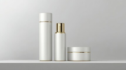 Elegant, minimalist cosmetic containers in matte white with gold accents arranged on a shelf against a neutral backdrop.