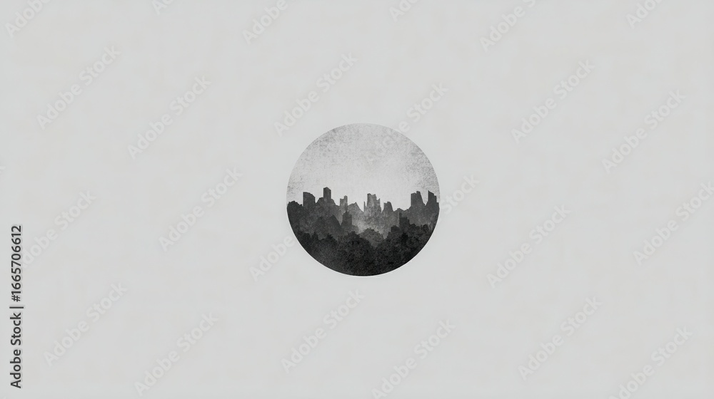 Poster a minimalist cityscape contained within a circular frame, evoking a serene and abstract mood.
