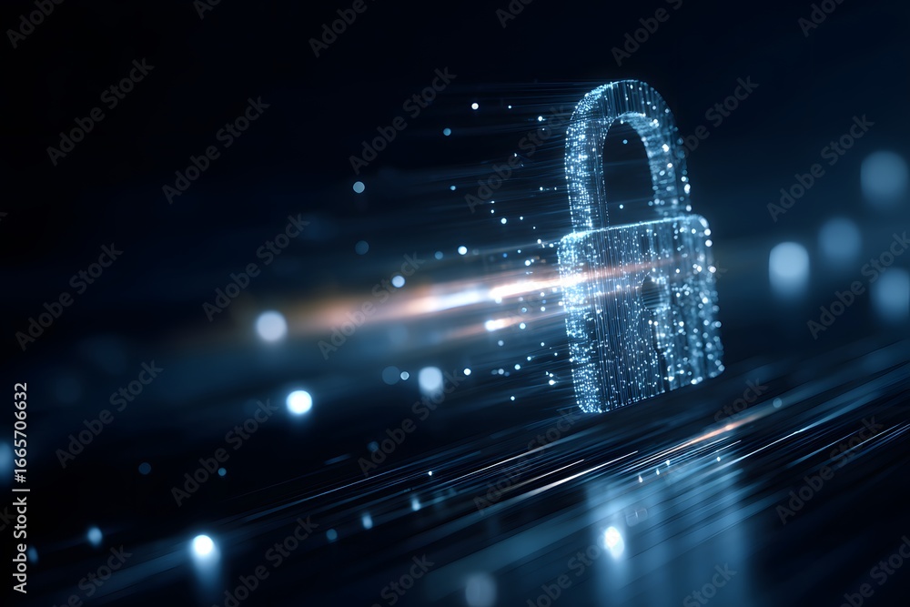 Aufkleber a digital illustration of a cyber security concept, featuring a padlock and hologram data blocks, re