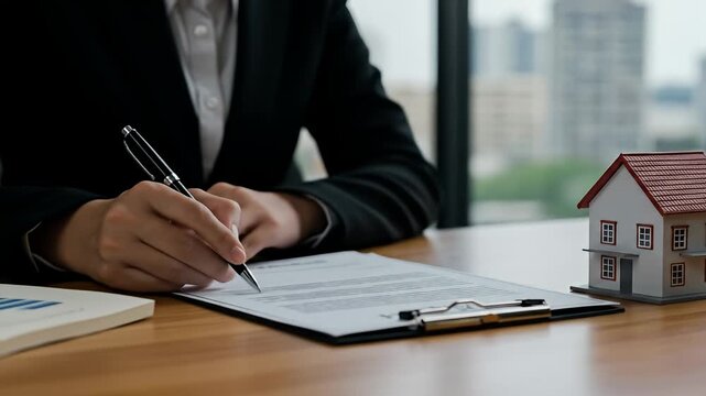 Woman signs real estate contract with toy house; cityscape background