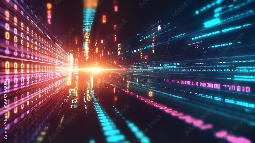 Poster abstract digital data streams in neon colors, with binary code leading to a bright center