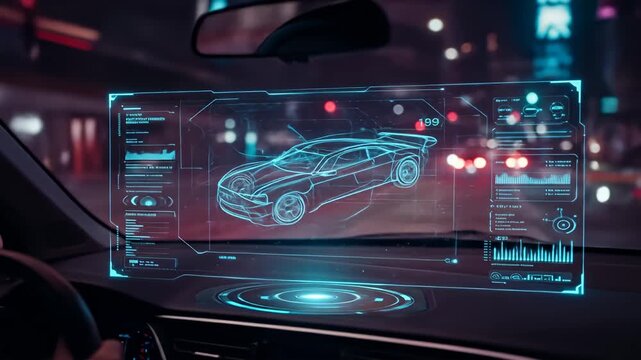 Nighttime car interior with futuristic transparent display showing car schematics