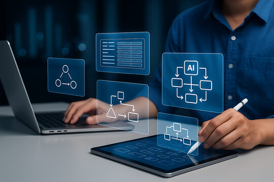 Business professional with laptop and tablet, working with artificial intelligence, ai agent, and digital workflow diagrams for business automation