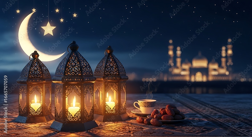 Poster three lanterns illuminate a table with dates and tea under a crescent moon and starry sky