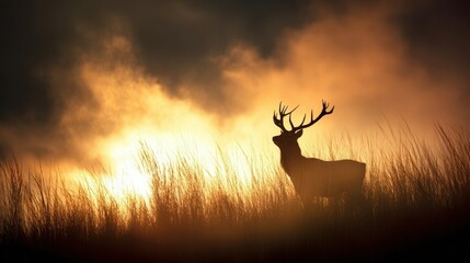 Fototapeta premium Majestic stag silhouette stands tall amidst golden sunrise and mist-filled field.