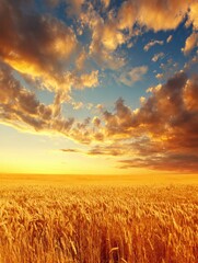 Fototapeta premium Golden Wheat Field Under a Vibrant Sunset Sky With Dramatic Clouds in the Countryside Landscape