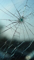 Obraz premium Shattered glass texture with radial cracks against a soft blue background concept of fragility and damage resolution