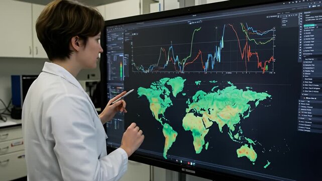 Scientist analyses data on a monitor showing a world map & corresponding chart plots