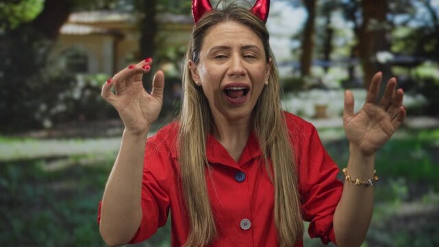 Woman wearing devil horn headband and red shirt points both thumbs to chest and makes ok sign in forest; self confidence.