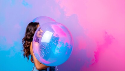 Naklejka premium A vibrant young woman is encircled by large, colorful balloons against a gradient backdrop of pink and blue.