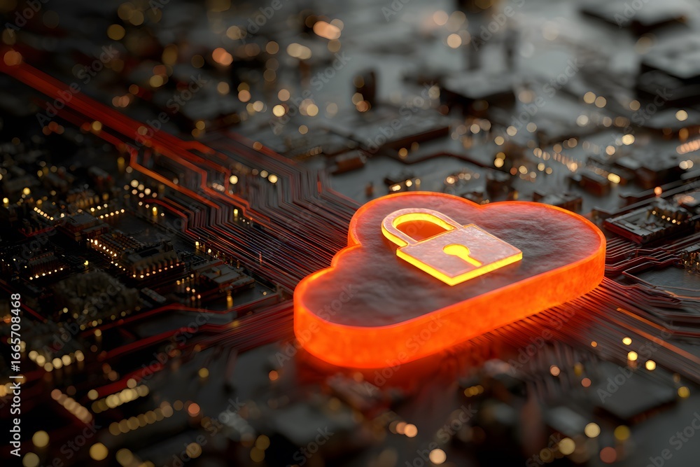 Poster a digital illustration of cloud security with an orange padlock and red glowing data stream on a dar