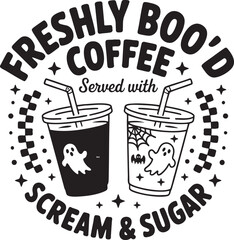 Freshly boo'd coffee served with scream and sugar halloween, halloween, coffee, drinks, ghosts, bats, spiders, cobwebs, stars, checkered pattern, black and white, spooky, festive, beverage, cafe, trea