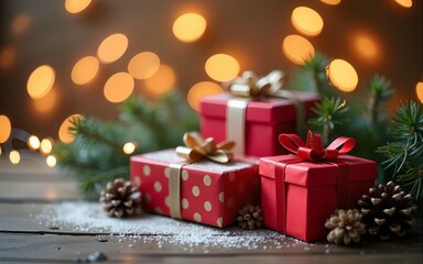 christmas and new year background - gift boxes and pine cones and branches on the background of bokeh garlands. High quality