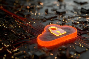 A digital illustration of cloud security with an orange padlock and red glowing data stream on a dark background, 
