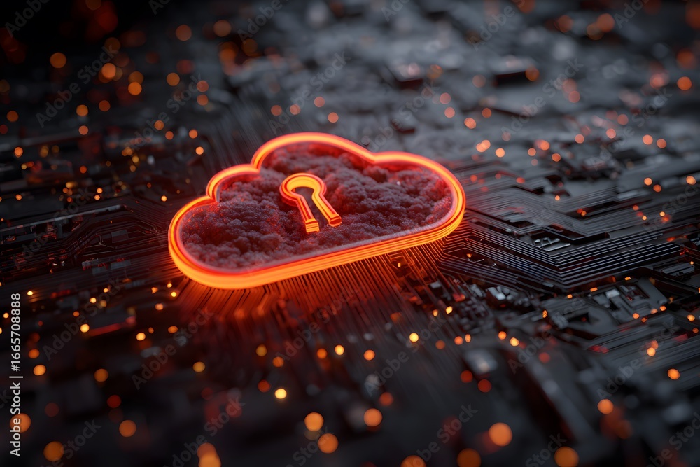 Poster a digital illustration of cloud security with an orange padlock and red glowing data stream on a dar