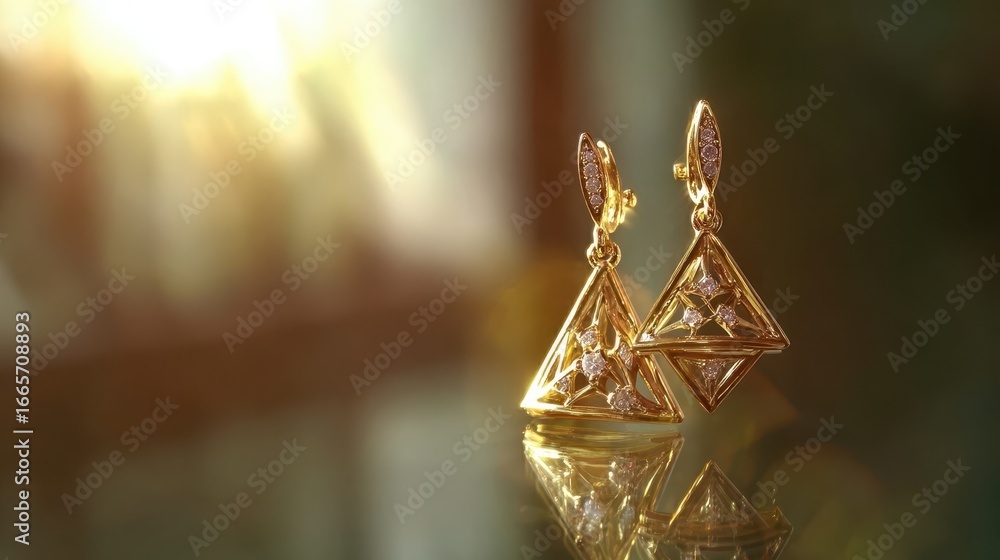 Poster elegant gold earrings with intricate triangular designs and sparkling gems are showcased against a s
