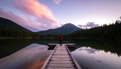 Fototapeta premium Peaceful lake scene at sunset with a person on a dock, mountains in the background.