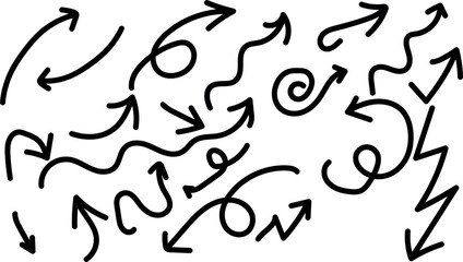 Collection of hand drawn black arrows with various shapes pointing in different directions