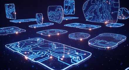 Futuristic Circuit Board Designs Floating in a Dark Blue Digital Space