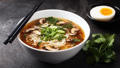 White bowl of steaming ramen, with egg and herbs