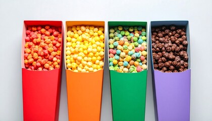Four colorful boxes filled with various cereal types