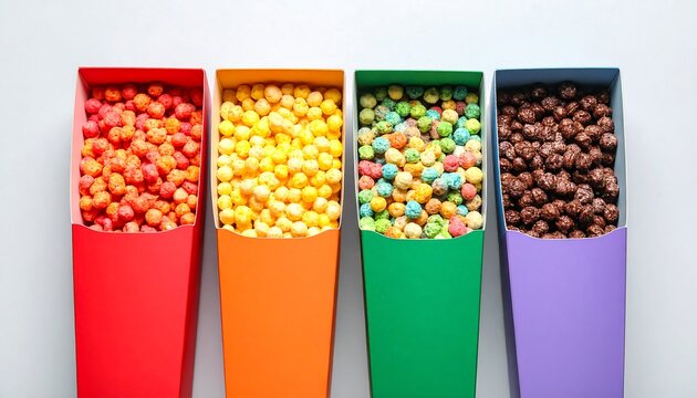 Four colorful boxes filled with various cereal types