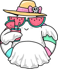 Summerween Ghost with Swim Ring and Fruit Juice Drink Cartoon