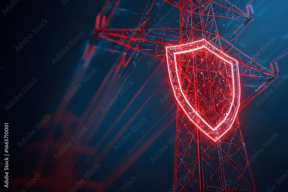 Poster a digital shield with an energy grid background, symbolizing the protection of power networks from c