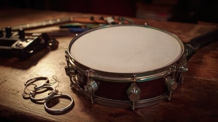 Obraz premium A dark, warm-toned snare drum rests on a rustic wooden table, surrounded by musical accessories.