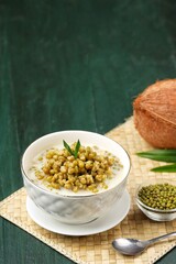 Bubur Kacang Hijau. Mung bean porridge, or often shortened to burjo, is an Indonesian sweet porridge made from green beans, coconut milk, and palm sugar or cane sugar.
