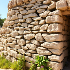 Ancient stone wall with vegetation growing in cracks under bright summer sunlight