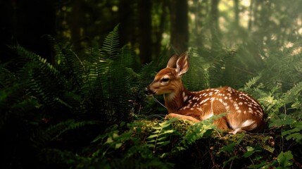 A tranquil fawn rests amidst lush greenery in a sun-drenched forest, showcasing the delicate beauty of nature's quiet spaces.