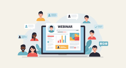 Webinar on Laptop with Diverse Participants and Chat Bubbles