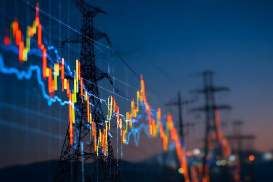 A digital stock market graph with an electric power grid in the background,