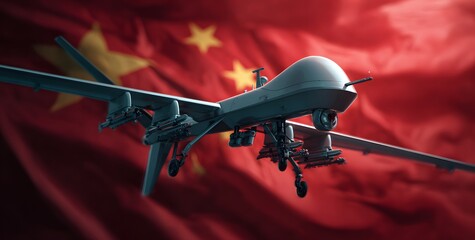 A drone flies over the China flag, armed with missiles and twin engines. The background is an China flag