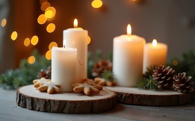 White Christmas candle on rustic wooden boards -  Decoration with natural elements, twigs, pine cones and cookies  -  First Advent Sunday , Advent banner, panorama with magic bokeh lihgts