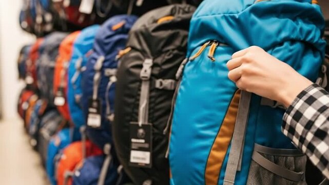 A close-up of a person's hand choosing a new backpack in a modern outdoor gear store, a concept for a new beginning and preparation.