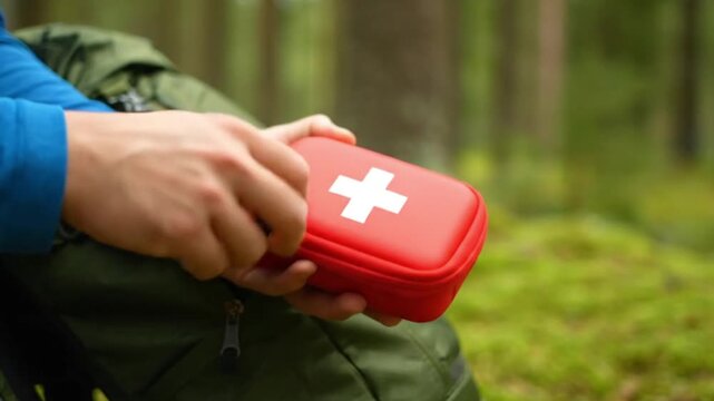 A close-up of a hiker's hands taking a first aid kit out of their backpack, a concept for safety, preparation, and being responsible outdoors.