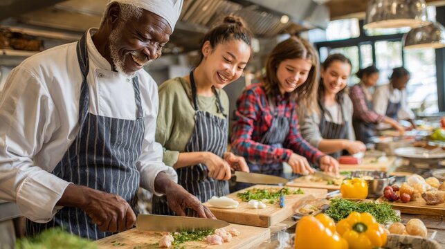 Culinary workshop embraces diverse chefs urban kitchen food experience collaborative joyful cooking